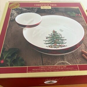 Spode Christmas Tree Tiered Chip & Dip Set - Red and White